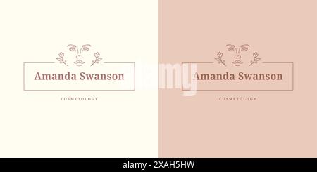 Immagine vettoriale lineare con modello di logo beauty e fiori. Beauty Woman Head elegante emblema per imballaggi cosmetici o cosme Illustrazione Vettoriale