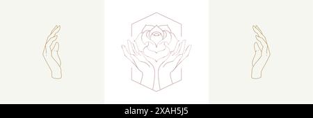 Palme che reggono il fiore di rosa e le mani in un set di illustrazioni vettoriali in stile boho lineare. Emblemi bohémien in linea con i gesti delle mani simboli per il giardinaggio Illustrazione Vettoriale