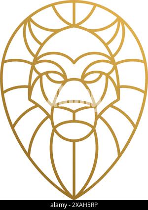 Illustrazione vettoriale minima del modello di design del logo in stile lineare della testa del leone geometrica dorata come predatore aggressivo Illustrazione Vettoriale
