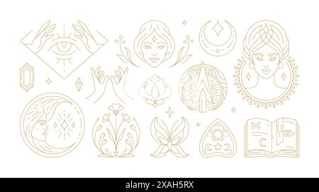 Le illustrazioni vettoriali della donna magica di donne femminili e di simboli esoterici. Elementi di design artistici misteriosi e di stregoneria. Boemia Illustrazione Vettoriale