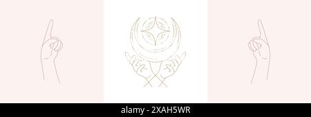 Donne mani e luna mezzaluna in un set di illustrazioni vettoriali in stile boho lineare. Eleganti emblemi bohémien dalle linee dorate con i simboli dei gesti delle mani Illustrazione Vettoriale