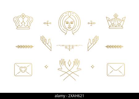 Set di elementi di design per decorazioni femminili Vector line - illustrazioni di volti femminili e mani gestuali semplice stile lineare minimale. Raccolta mistica fuori Illustrazione Vettoriale