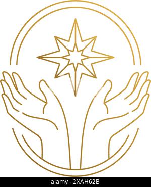Semplice illustrazione vettoriale di un modello di icona di contorno di mani di donna che reggono la stella di cristallo in una cornice ovale disegnata con linee dorate Illustrazione Vettoriale
