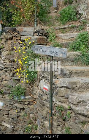 Un cartello con la direzione fatta in casa, una freccia che punta a Monterosso e strisce rosse e bianche dipinte su un muro di pietra che segna il sentiero delle cinque Terre Foto Stock