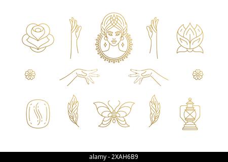 Set di elementi di design per decorazioni femminili Vector line - illustrazioni di volti femminili e mani gestuali semplice stile lineare minimale. Raccolta mistica fuori Illustrazione Vettoriale