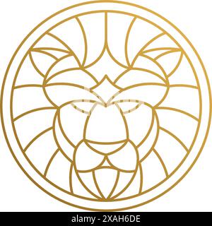 Illustrazione vettoriale minima del modello di design del logo in stile lineare di forma rotonda con testa di leone geometrica dorata come predatore aggressivo dell'apice Illustrazione Vettoriale