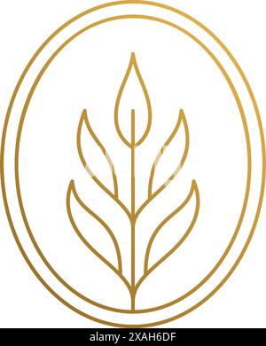 Semplice illustrazione vettoriale del modello di emblema in stile lineare con struttura ovale con sottile ramo vegetale con foglie disegnate con linee dorate Illustrazione Vettoriale