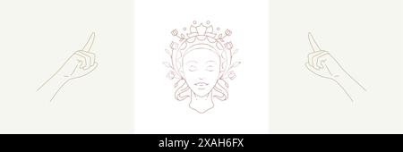 Donna magica con gesti delle mani femminili a mezzaluna e in preghiera in un set di illustrazioni vettoriali in stile boho lineare. Gli eleganti emblemi bohémien donano un tocco di femminilità all'arte Illustrazione Vettoriale