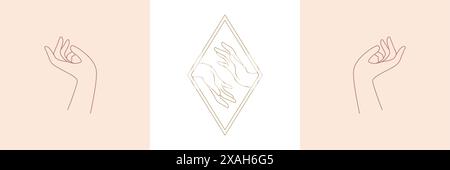 Gesti delle mani della donna in un set di illustrazioni vettoriali in stile boho lineare. Emblemi bohémien dalle linee dorate per il design del logo e il marchio magico. Illustrazione Vettoriale