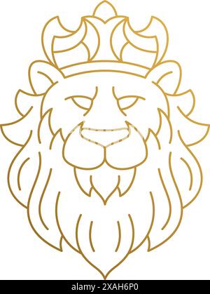 Illustrazione vettoriale minima dell'emblema del profilo di un meraviglioso leone in corona come re degli animali disegnato a mano con linee dorate Illustrazione Vettoriale