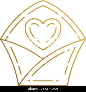 Illustrazione vettoriale minimale del modello del logo lineare di una busta aperta con cuore che simboleggia la lettera d'amore disegnata a mano con linee dorate Illustrazione Vettoriale