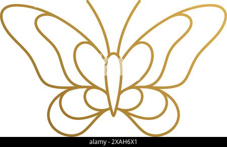 Semplice illustrazione vettoriale del modello grafico del logo di una splendida farfalla volante con ali a strisce disegnate a mano con linee dorate Illustrazione Vettoriale