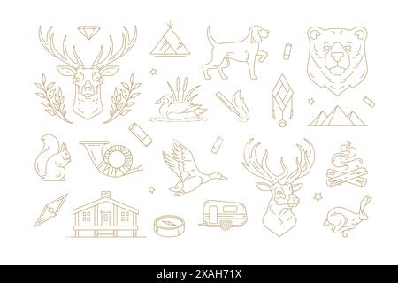 Collezione di semplici illustrazioni vettoriali di diversi loghi e emblemi con vari animali ed elementi da caccia isolati su backgroun bianco Illustrazione Vettoriale
