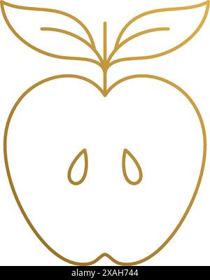 Semplice illustrazione vettoriale del modello del logo lineare di metà mela matura con foglie disegnate a mano con linee dorate Illustrazione Vettoriale