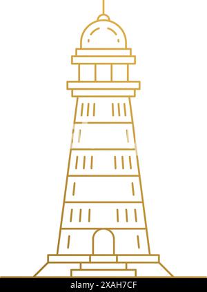 Semplice illustrazione vettoriale del modello di emblema in stile lineare della torre faro tradizionale che dà speranza ai marinai disegnati a mano con linee dorate Illustrazione Vettoriale