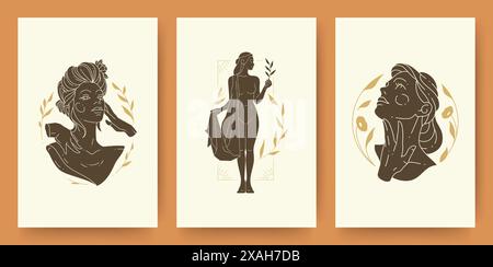 Set di ritratti e silhouette femminili astratti stile moderno di disegno line art. Collezione di illustrazioni vettoriali di donna poster di arte murale stampa templa Illustrazione Vettoriale
