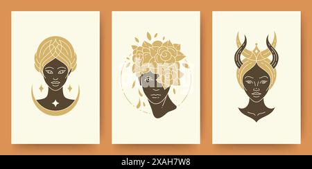 Set di ritratti astratti femminili silhouette moderno stile line art. Collezione di illustrazioni vettoriali per donne poster per la stampa di modelli. Illustrazione Vettoriale