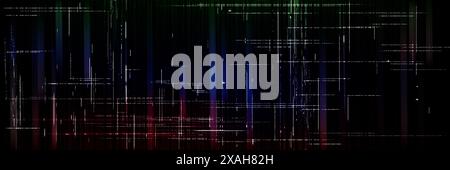 Effetto glitch sullo schermo del computer. Immagine vettoriale realistica di sfondo nero con texture astratta del rumore, motivo rosso e blu su sfondo vhs rétro, tv degli anni '90 rotto, immagine video distorta Illustrazione Vettoriale