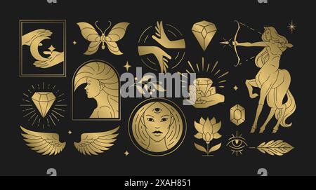 Le illustrazioni vettoriali della donna magica di donne femminili e di simboli esoterici. Elementi di design artistici misteriosi e di stregoneria. Boemia Illustrazione Vettoriale