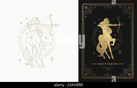 Zodiac sagittario ragazza personaggio oroscopo segno arte linea silhouette disegno vettoriale illustrazione. Bella donna come zodiaco sagittario simbolo d'oro f Illustrazione Vettoriale