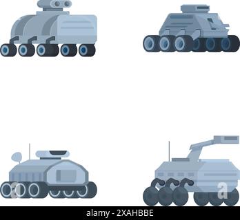 Set di quattro grafiche vettoriali stilizzate con diversi design di carri armati militari su sfondo bianco Illustrazione Vettoriale