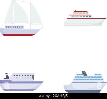 Collezione di quattro navi e barche a cartoni animati isolate sul bianco, ideale per viaggi e trasporti Illustrazione Vettoriale