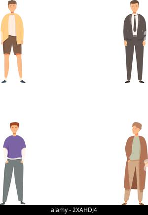 Collezione di quattro personaggi maschili stilizzati in vari abiti che rappresentano stili di vita diversi Illustrazione Vettoriale