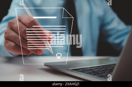 Concetto di firma elettronica, documento di contratto o documento di contratto elettronico, documenti digitali e approvazione della lista di controllo, futuro Foto Stock