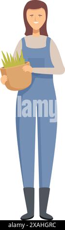 Il giardiniere ha una pianta, felice del suo lavoro di giardinaggio Illustrazione Vettoriale