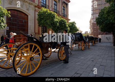 Le carrozze trainate da cavalli si allineano lungo una strada acciottolata nel centro della città di Siviglia, con un cocchiere che si prepara a fare un giro Foto Stock