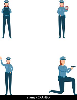 Raccolta di quattro illustrazioni raffiguranti un agente di polizia donna in varie pose e azioni Illustrazione Vettoriale