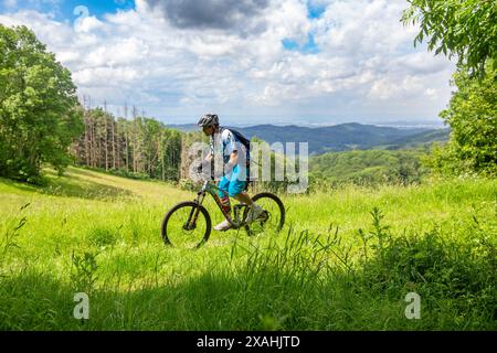 In mountain bike nell'Odenwald con vista sulla pianura del Reno, qui sul percorso circolare Birkenau nel parco Geo-Nature di Bergstraße-Odenwald Foto Stock