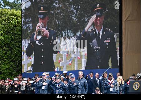 Francia. 6 giugno 2024. Cerimonia commemorativa in occasione del 80° anniversario del D-Day, al cimitero degli Stati Uniti a Colleville-sur-Mer, in Francia. Soldati prima della cerimonia. 06.06.2024 Francia (foto di Aleksy Witwicki/Sipa USA) credito: SIPA USA/Alamy Live News Foto Stock