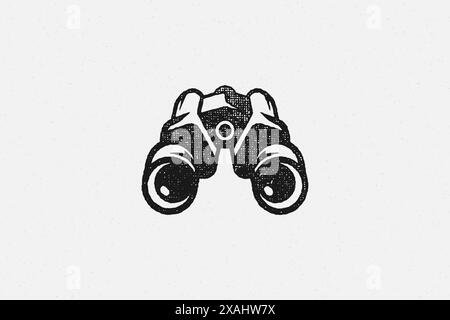 Logo nero di binocoli turistici progettati come simbolo dell'esplorazione della natura illustrazione vettoriale con effetto timbro disegnato a mano. Texture vintage grunge su vecchio p Illustrazione Vettoriale