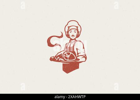 Chef maschio che porta un piatto di carne calda deliziosa illustrazione vettoriale con effetto timbro disegnato a mano. Emblema vintage in grunge per confezionamento macelleria e m Illustrazione Vettoriale