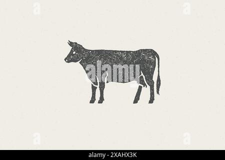 Silhouette di vacca nera per l'industria della carne o il mercato agricolo disegno a mano effetto timbro vettore illustrazione. Emblema vintage con texture grunge per impacchette di macelleria Illustrazione Vettoriale