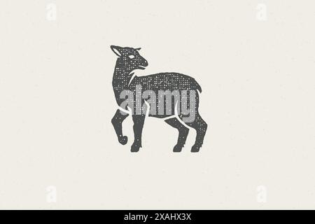 Sagoma di agnello per l'industria agricola domestica illustrazione vettoriale con effetto timbro disegnato a mano. Emblema della texture grunge vintage per il confezionamento e il menu della macelleria Illustrazione Vettoriale