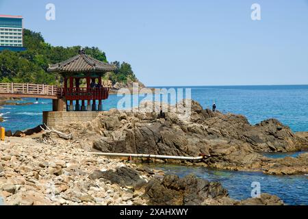 Samcheok City, Corea del Sud - 18 maggio 2024: Un padiglione tradizionale sorge sulla costa rocciosa di Samcheok, con il Mare Orientale che si estende alle spalle Foto Stock