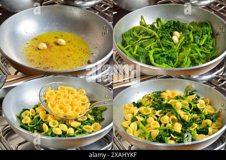 "Orecchiette con le cime di rapa": Pasta italiana condita con broccoli di rabbia e acciuga. Collage di preparazione della ricetta passo dopo passo. Foto Stock