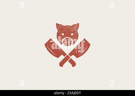 Silhouette a testa di maiale e coltelli da macellaio incrociati per l'industria della macelleria illustrazione vettoriale a effetto timbro disegnato a mano. Emblema vintage in texture grunge per pa Illustrazione Vettoriale