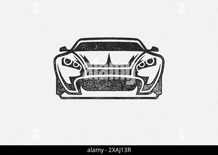 Illustrazione vettoriale con inchiostro disegnato a mano sulla silhouette della supercar. Moderno emblema di servizio per auto sportive effetto grunge per la decorazione di poster o etichette Illustrazione Vettoriale