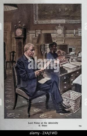 Lord Fisher Ammiraglio della flotta John Arbuthnot Fisher, i barone Fisher, [1] GCB, OM, GCVO (25 gennaio 1841 – 10 luglio 1920), comunemente noto come Jacky o Jackie Fisher, è stato un ammiraglio britannico della flotta. Con più di sessant'anni nella Royal Navy, i suoi sforzi per riformare il servizio contribuirono ad inaugurare un'era di modernizzazione che vide la sostituzione di navi a vela in legno armate con cannoni a carica di muso da incrociatori da battaglia con scafo in acciaio, sottomarini e le prime portaerei. Dal libro Heroic Deeds of the British navy in the Great War di Wheeler, Harold F. B. (Harold Felix Baker), PU Foto Stock