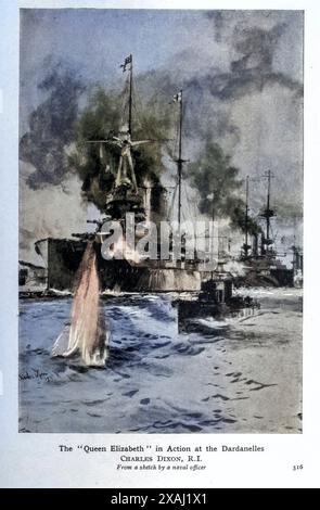 The Queen Elizabeth in action at the Dardanelles di Charles Dixon [colorizzato] dal libro Heroic Deeds of the British navy in the Great War di Wheeler, Harold F. B. (Harold Felix Baker), pubblicato Birmingham : ELD & Blackham Limited 1917 Foto Stock