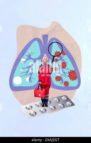 Immagine collage composita verticale immagine di mini medico operaio lente di ingrandimento polmoni pillole isolate su sfondo creativo Foto Stock
