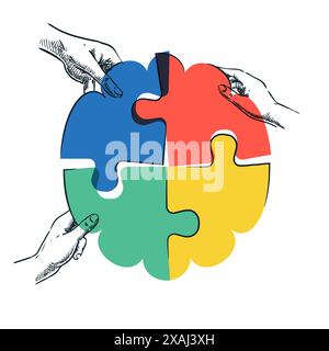 Mani umane che uniscono forma cerebrale a un puzzle colorato. Illustrazione dello schizzo disegnato a mano vettoriale. Il team aziendale sta risolvendo i problemi di collegamento dei pezzi del seghetto alternativo. Tè Illustrazione Vettoriale