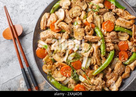 Moo Goo GAI Pan pollo a fette, piselli delle nevi, carote, germogli di bambù e funghi fritti in una salsa marrone ooey primo piano sul piatto della ta Foto Stock