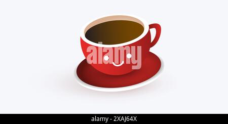 Tazza rossa piena di caffè marrone con una faccia sorridente - modello di disegno su sfondo largo chiaro - illustrazione vettoriale Illustrazione Vettoriale