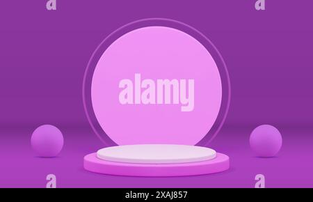 Piedistallo a podio 3d con cilindro viola con sfondo a parete rotonda illustrazione vettoriale realistica. Esposizione pubblicitaria commerciale dello showroom viola con spher Illustrazione Vettoriale