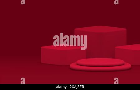 Lo showroom geometrico con piedistallo 3d rosso mostra un'illustrazione vettoriale realistica del prodotto. Espositore di cilindri alla moda con sfondo a cubi per lo shopping Illustrazione Vettoriale