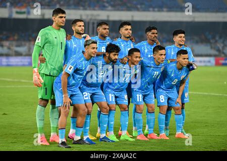 Kolkata, India. 6 giugno 2024. Foto di gruppo della nazionale indiana di calcio durante le qualificazioni alla Coppa del mondo FIFA 2026 e la partita preliminare di qualificazione congiunta della Coppa d'Asia 2027 tra India e Kuwait al Salt Lake Stadium. Punteggio finale; India 0:0 Kuwait. Credito: SOPA Images Limited/Alamy Live News Foto Stock